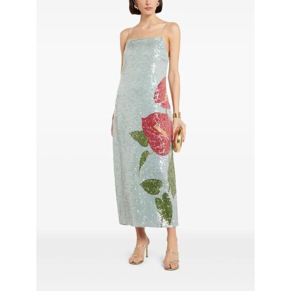 $450 NWOT Farm Rio Blue Sequins Anthurium Flowers Slip Maxi Dress Size S - Picture 2 of 16